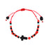 Explore the lively Genuine Jet Azabache Red String Bracelet for both women and men, crafted to ward off the evil eye and invite positive vibes. This bracelet showcases a sequence of red, black, and turquoise beads centered around a black cross bead. The adjustable red strings are adorned with elegant knots and bead accents at each end, enhancing any outfit with their charm.